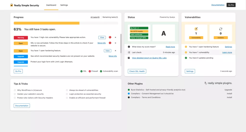 داشبورد افزونه really simple ssl یا همون really simple security