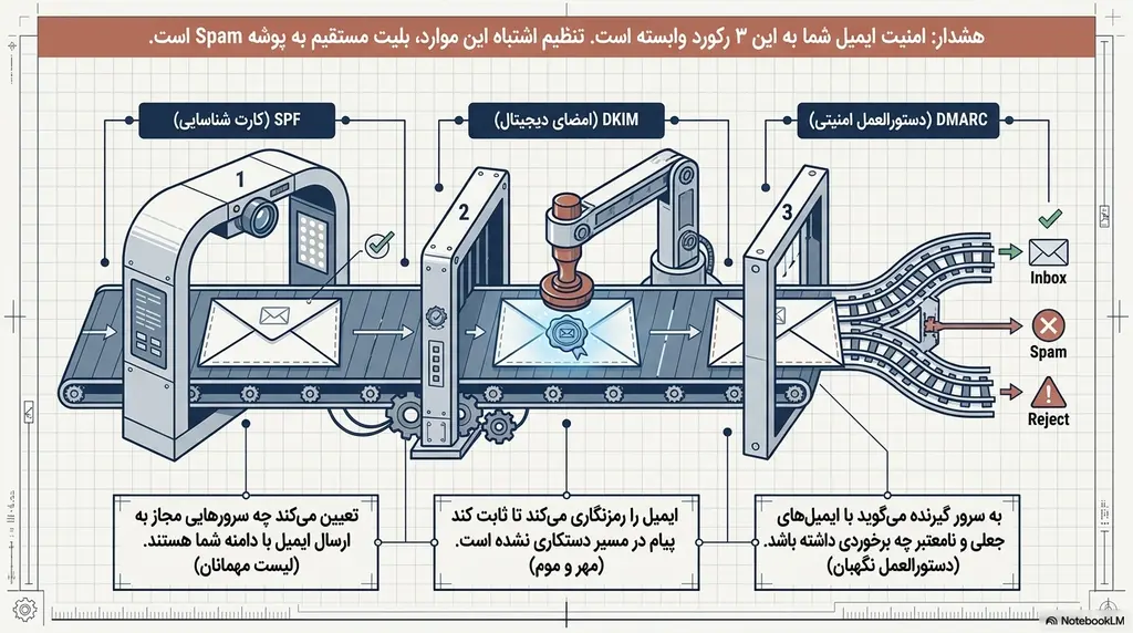 رکوردهای امنیتی SPF، DKIM و DMARC ایمیل سازمانی راهنمای تنظیم رکوردهای SPF و DKIM و DMARC برای هاست ایمیل حرفهای