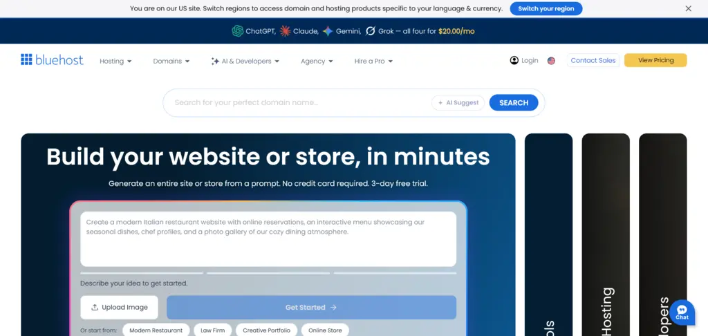 نمایی از سایت Bluehost برای خرید هاست خارجی وردپرس