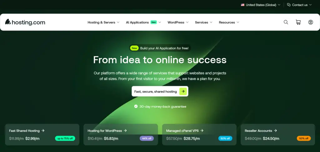 نمایی از سایت hosting.com برای خرید هاست خارجی