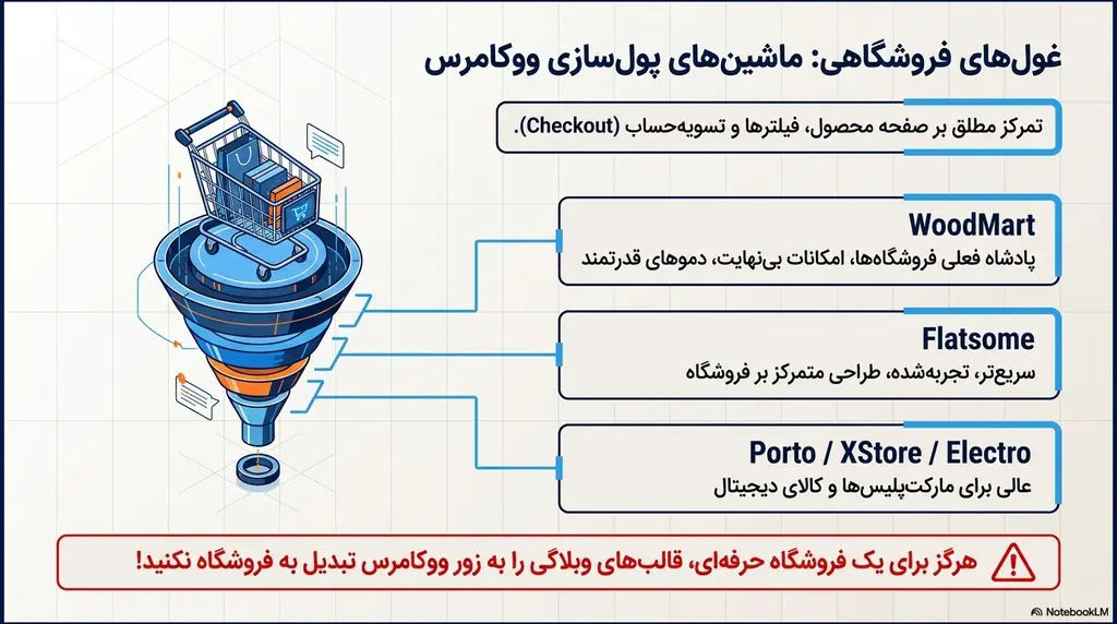 اینفوگرافیک بهترین قالب های فروشگاهی وردپرس مثل وودمارت، فلتسام و پورتو