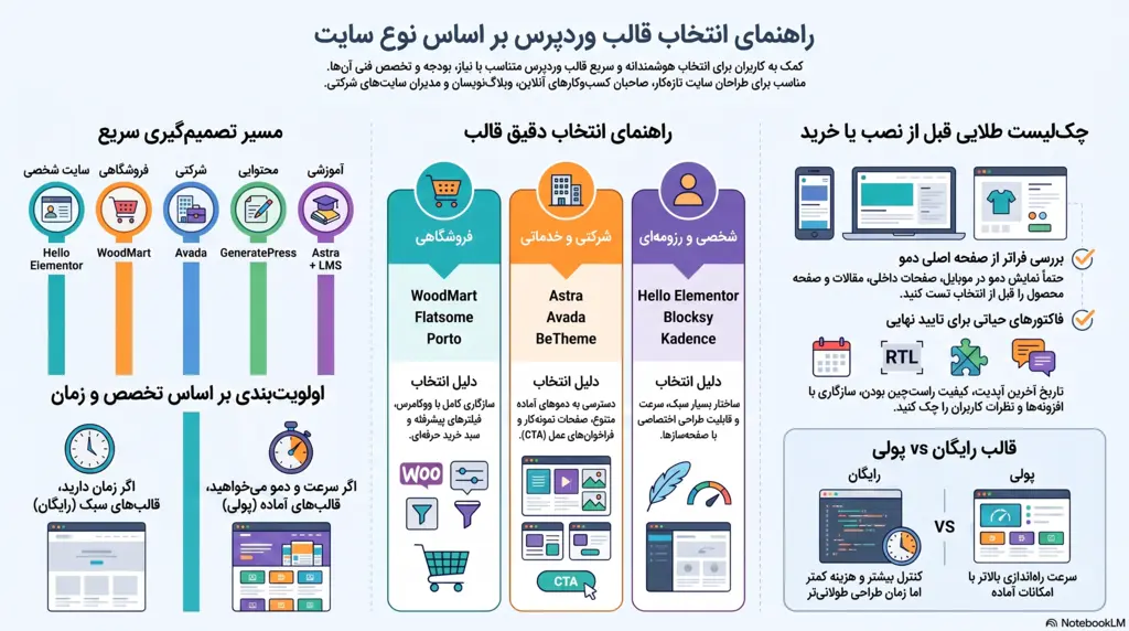 اینفوگرافیک راهنمای انتخاب بهترین قالب وردپرس بر اساس نوع سایت