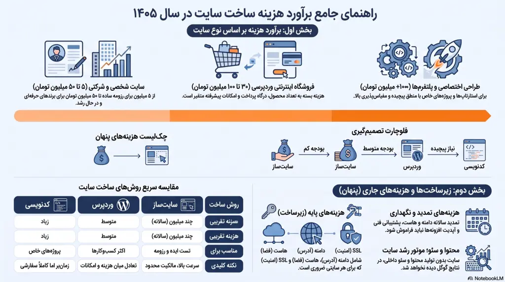اینفوگرافیک هزینه ساخت سایت در سال ۱۴۰۵ اینفوگرافیک هزینه ساخت سایت در سال ۱۴۰۵ برای سایت شخصی، شرکتی، فروشگاهی و اختصاصی