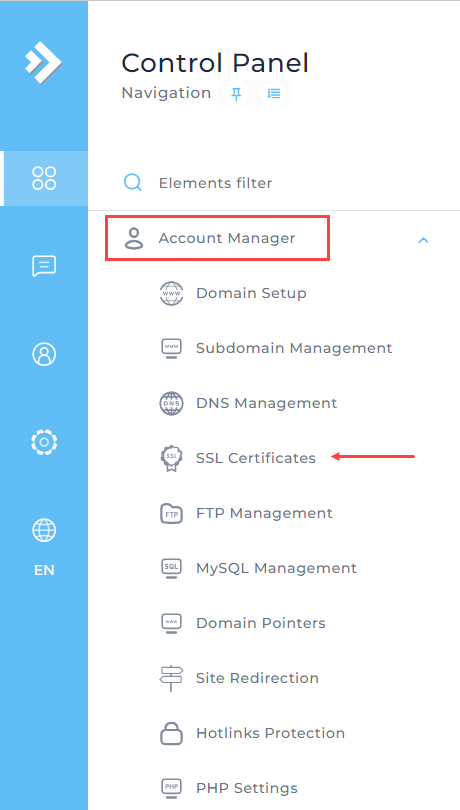 ورود به بخش SSL در دایرکت ادمین Evolution